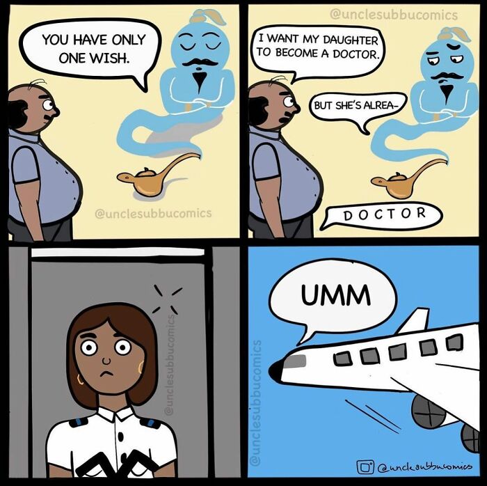 Cartoon genie grants wish to dad in Uncle Subbu comic highlighting the funny side of family life with a surprising twist.