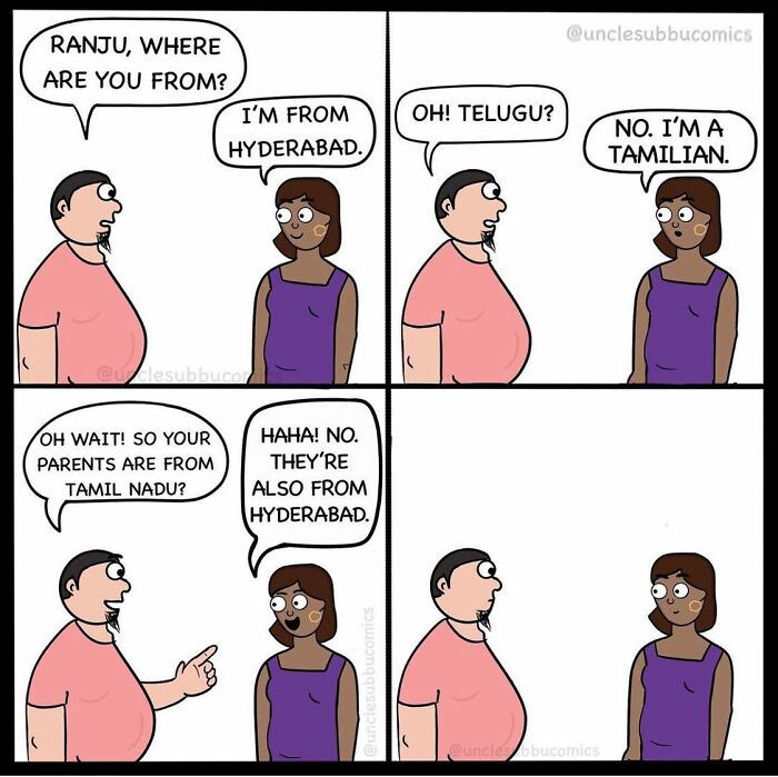Comic from Uncle Subbu showing a funny family life moment about cultural identity and regional background.