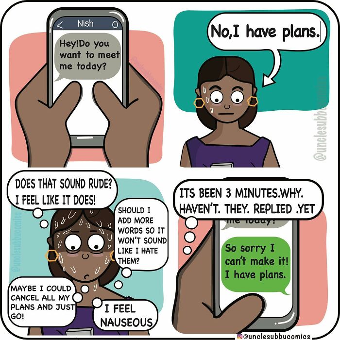 A comic showing a woman anxious about texting plans, illustrating the funny side of family life in Uncle Subbu comics.