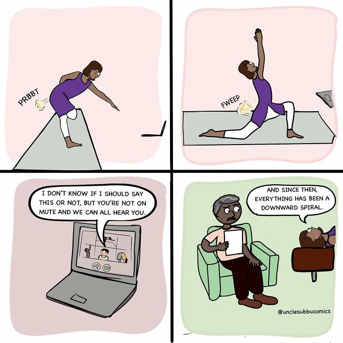 Comic panels from Uncle Subbu showing a humorous family moment during an online video call capturing funny family life.