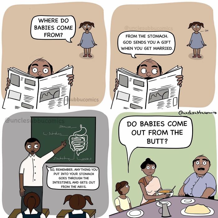 Comic panels from Uncle Subbu showing humorous family life moments with children asking funny questions about babies and parents responding.