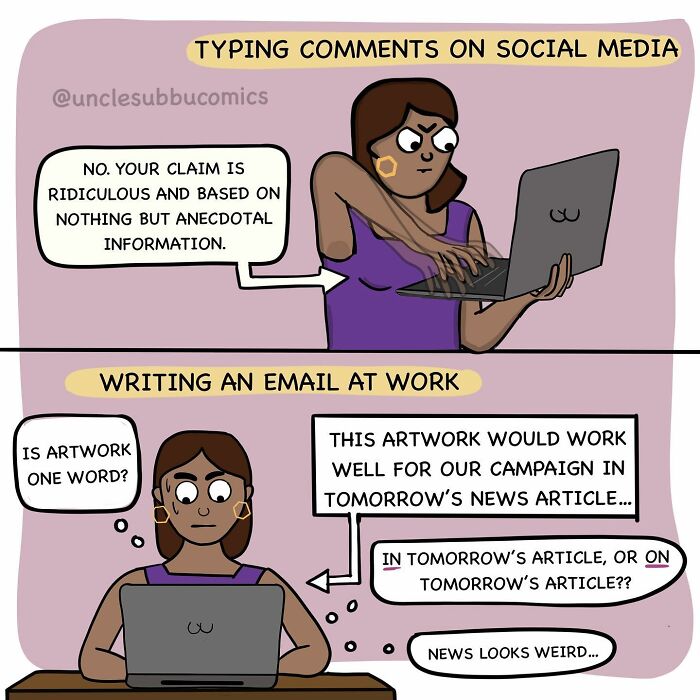 Woman using laptop typing sarcastic comments on social media and struggling with email wording in a funny family life comic.
