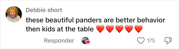 Comment praising "pandas" at a tea party, with red heart emojis and engagement icons below. Comment praising "pandas" at a tea party, with red heart emojis and engagement icons below.
