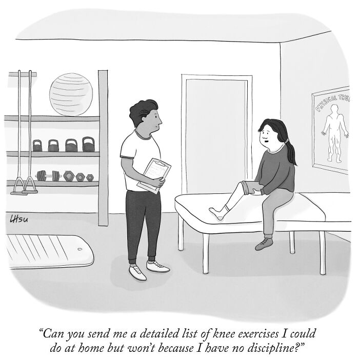 Single-panel cartoon shows a physical therapist talking to a patient in a clinic with exercise equipment in the background.