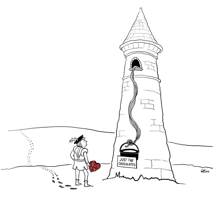 Single-panel cartoons showing a knight reaching a tower with a bucket labeled just the chocolates hanging from a rope.