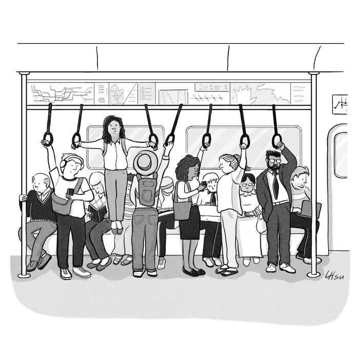 Single-panel cartoon showing diverse commuters standing and sitting inside a crowded subway train, a humorous urban scene.