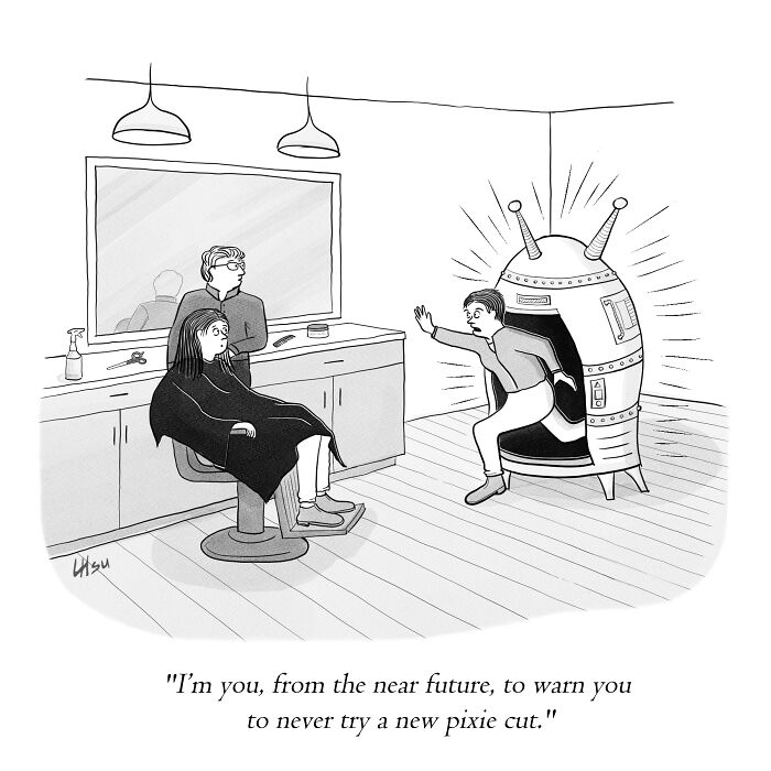 Single-panel cartoon showing a person warning another not to try a new pixie cut in a hair salon setting.