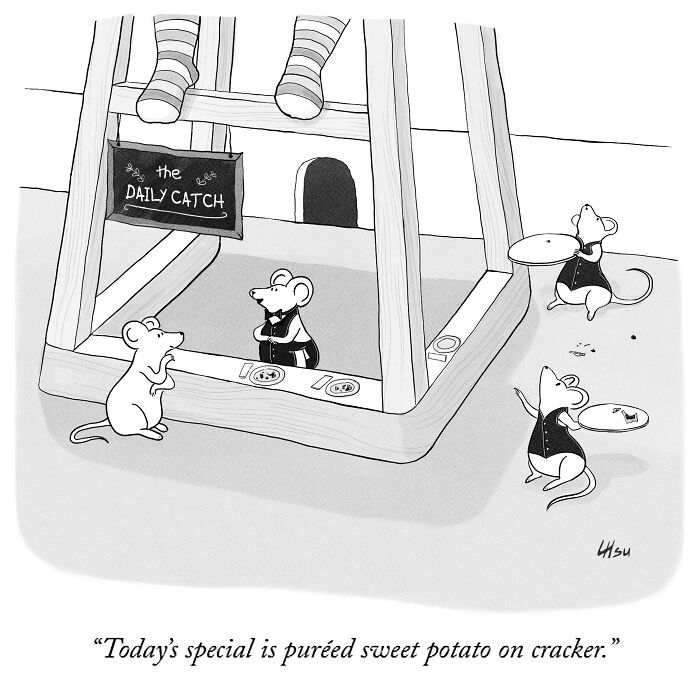 Single-panel cartoon of mice in a restaurant setting with waiter serving pureed sweet potato on cracker.