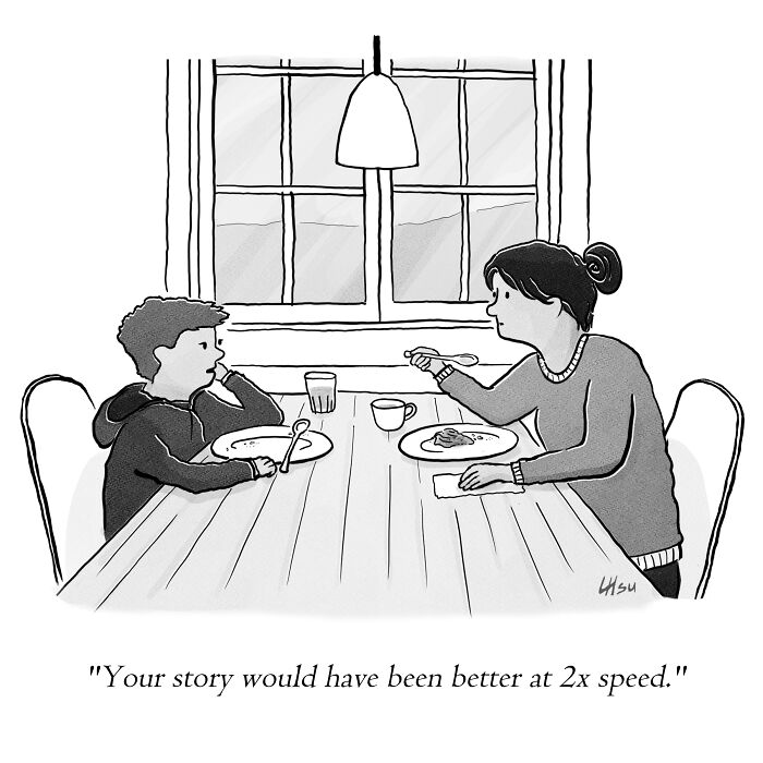 Single-panel cartoon showing a mother talking to her child at the dining table with a humorous caption.