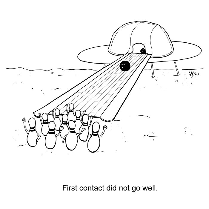 Single-panel cartoon showing bowling pins greeting a bowling ball arriving in a UFO-like spaceship, humorously depicting first contact.