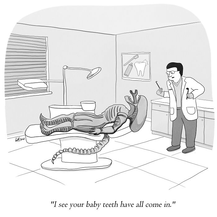 Single-panel cartoon shows alien lying in dental chair while dentist examines its teeth humorously in cartoon style.