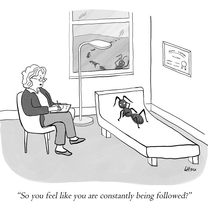 Single-panel cartoon of an ant on a therapist couch, humorously addressing feeling constantly followed.