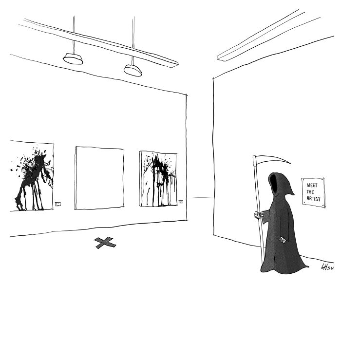 Single-panel cartoon of the Grim Reaper as an artist in a gallery with splattered paintings and a meet the artist sign.