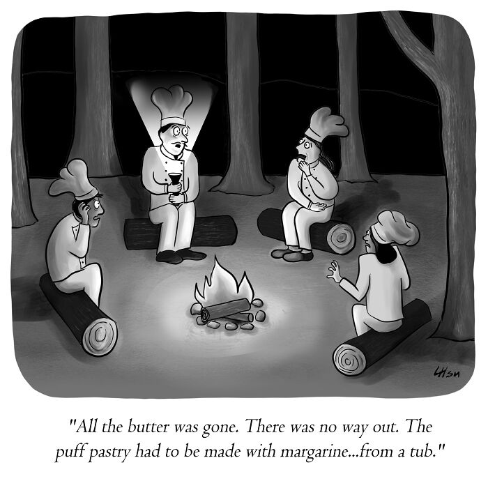 Single-panel cartoon showing chefs around a campfire, highlighting the humor in cooking with margarine instead of butter.