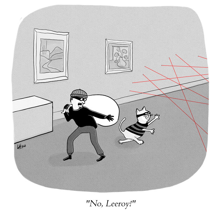 Single-panel cartoon of a thief and a cat in a museum with laser security, showcasing the funniest artist-created humor.