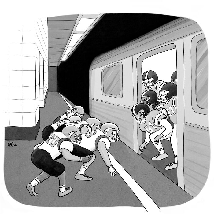 Single-panel cartoon showing football players lined up on a subway platform as if planning a play against opponents inside a train.