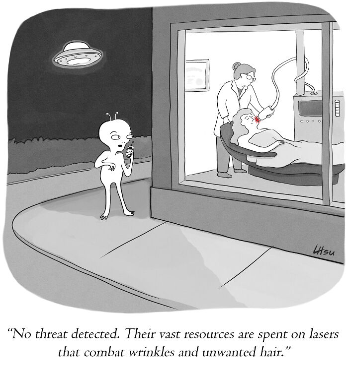 Single-panel cartoon shows an alien reviewing humans using wrinkle and hair removal lasers in a humorous scene.