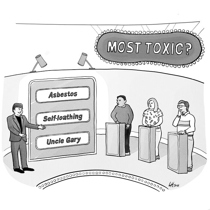 Single-panel cartoon showing a game show with contestants choosing the most toxic option among asbestos, self-loathing, and Uncle Gary.