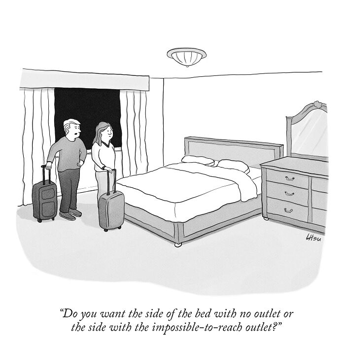 Single-panel cartoon shows couple with luggage in a hotel room discussing the hardest bed outlet to reach.