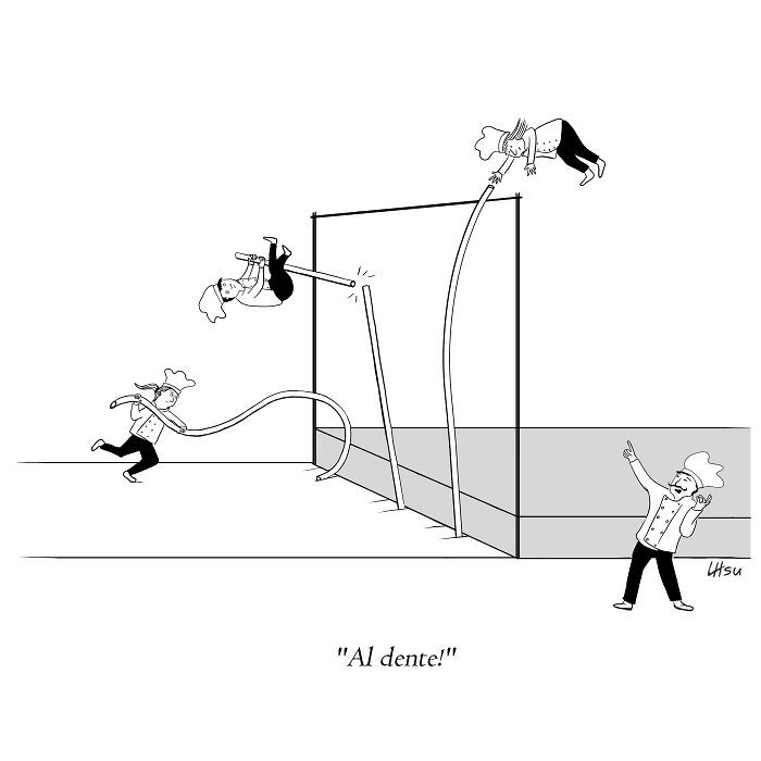 Single-panel cartoon of chefs pole vaulting with spaghetti noodles in a humorous sports scene by an artist.