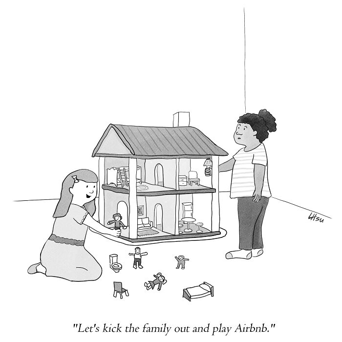 Single-panel cartoon shows two women playing with a dollhouse and mini figures in a funny cartoon style.