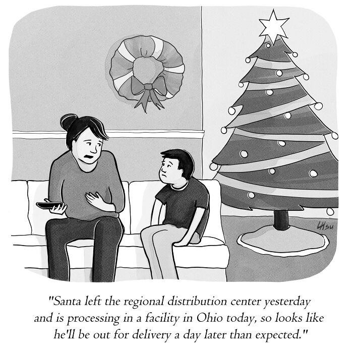 Single-panel cartoon of a mother explaining delayed Santa delivery to her son near a Christmas tree and wreath.