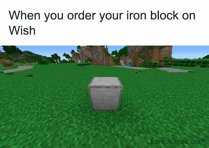 A Minecraft meme featuring an in-game screenshot of a small, incorrect-looking block resembling an iron block, but noticeably different and lower quality. The text above reads, "When you order your iron block on Wish," humorously comparing the block to an expectation vs. reality scenario where ordering something from Wish, a discount online retailer, results in a cheap or poor imitation of the desired product.