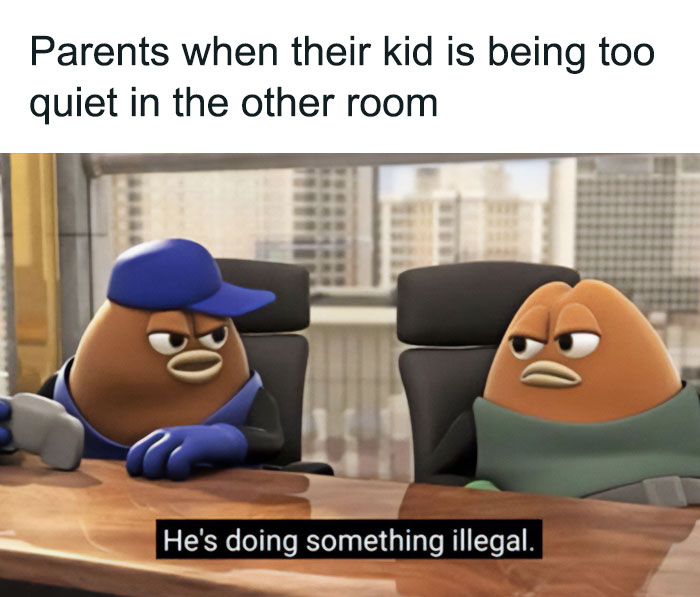 Animated beans sitting at a table, one saying, "He's doing something illegal." Funny mom meme humor.