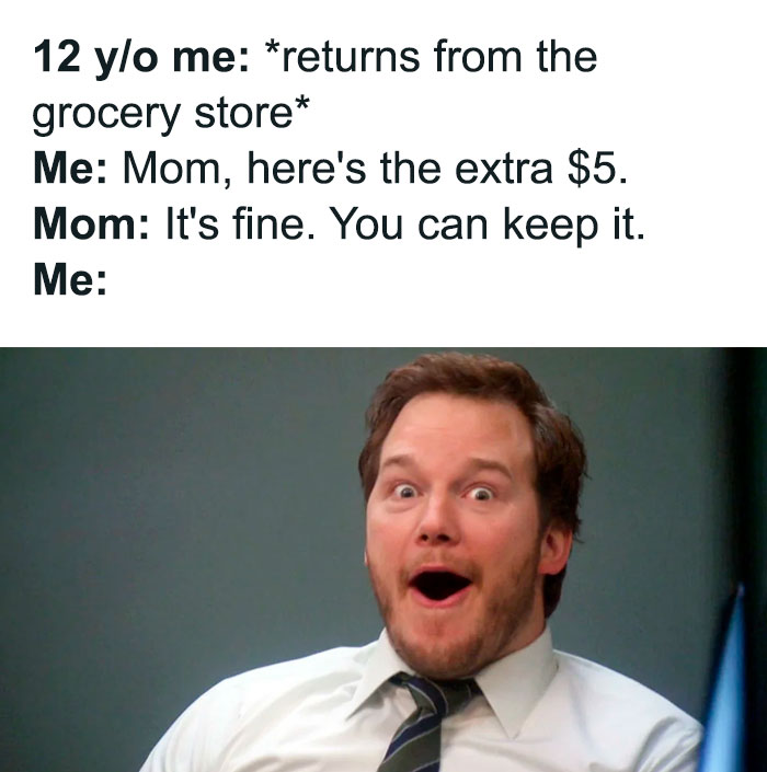 Funny mom meme with surprised man in white shirt reacting to keeping extra money from mom.