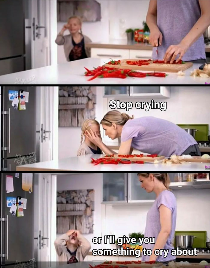 Mom meme with a woman comforting a child over a kitchen counter filled with peppers.