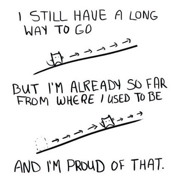 Motivational meme of a hand-drawn character on a journey with text about progress and pride.