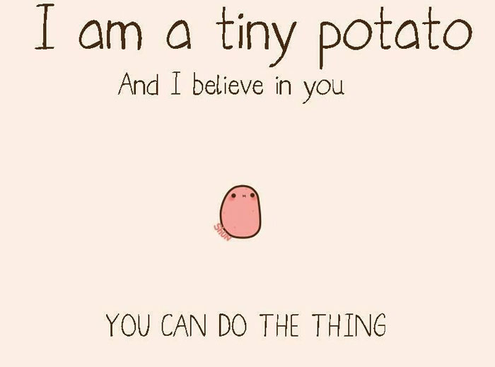 Motivational meme with a cartoon potato saying "I am a tiny potato and I believe in you. You can do the thing."