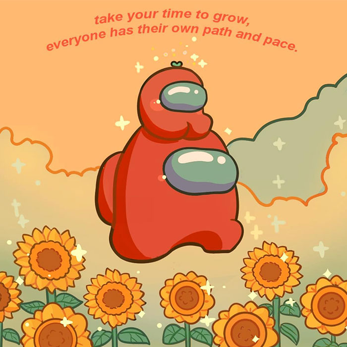 Motivational meme featuring a red character among sunflowers with text encouraging individual growth and pacing.