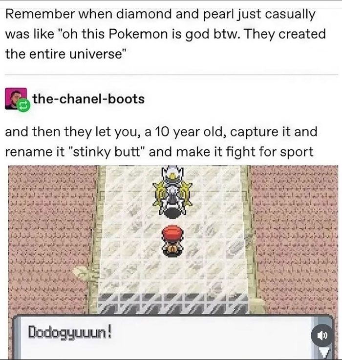 A Pokemon meme featuring a humorous text post about the games "Diamond and Pearl." The top text reads, "Remember when diamond and pearl just casually was like 'oh this Pokemon is god btw. They created the entire universe.'" Below, a reply from "the-chanel-boots" adds, "and then they let you, a 10 year old, capture it and rename it 'stinky b**t' and make it fight for sport." The image below shows a screenshot from the game with a player character facing Arceus, the "god" Pokemon, with the caption "Dodogyuuun!" This meme humorously critiques the absurdity of a child capturing a deity and renaming it something silly.