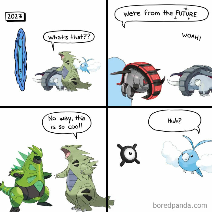 A Pokemon meme comic set in four panels. The top left panel shows a portal labeled "2023," with a curious Tyranitar and Swablu looking at it, saying, "What's that??" The top right panel has futuristic-looking Pokemon (a futuristic Donphan and another form) emerging from the portal saying, "We're from the FUTURE," and Swablu exclaiming, "WOAH!" In the bottom left panel, a surprised Tyranitar looks at a futuristic version of itself and says, "No way, this is so cool!" The bottom right panel shows an Unown with a confused expression, and Swablu asks, "Huh?" The meme humorously plays on the idea of Pokemon encountering their future versions and the unexpected confusion it causes.