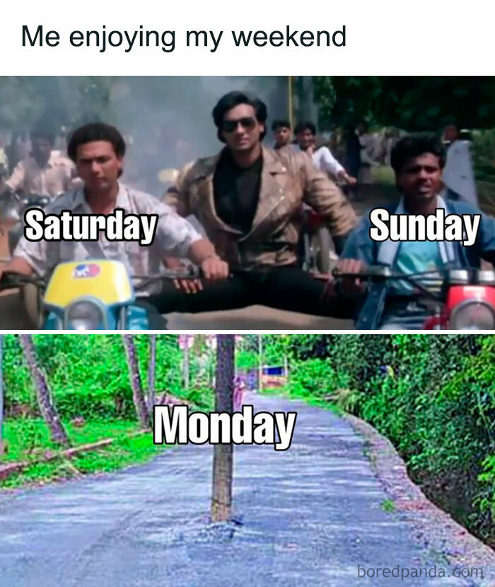 Saturday meme contrasting a fun weekend on motorcycles with a lonely road labeled Monday.