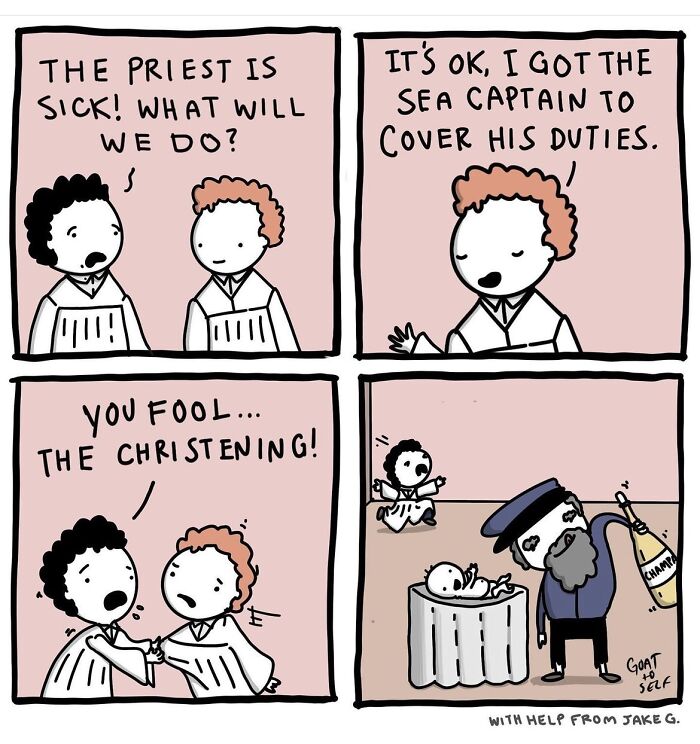 Absurd comic by Canadian artist Cameron Spires showing a humorous mix-up involving a priest, sea captain, and a christening scene.