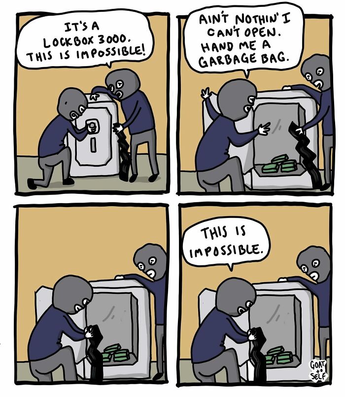 Two masked comic characters struggle to open a secure lockbox in a hilariously absurd comic by Cameron Spires.