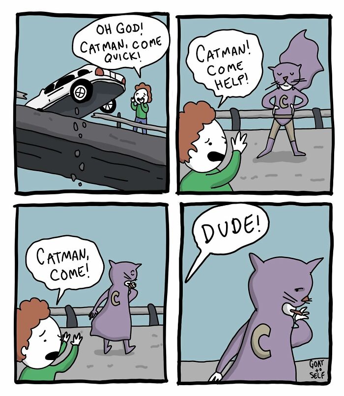 Absurd comic by Canadian artist Cameron Spires shows Catman ignoring calls for help as a car dangles off a bridge.