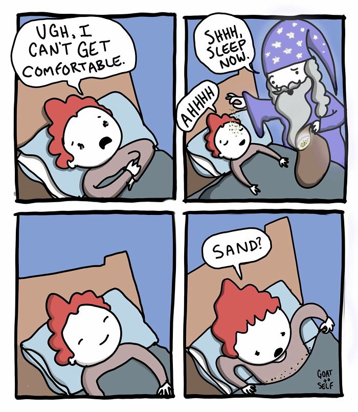 Absurd comic by Canadian artist shows a person struggling to sleep with a wizard sprinkling sand in a humorous scene.
