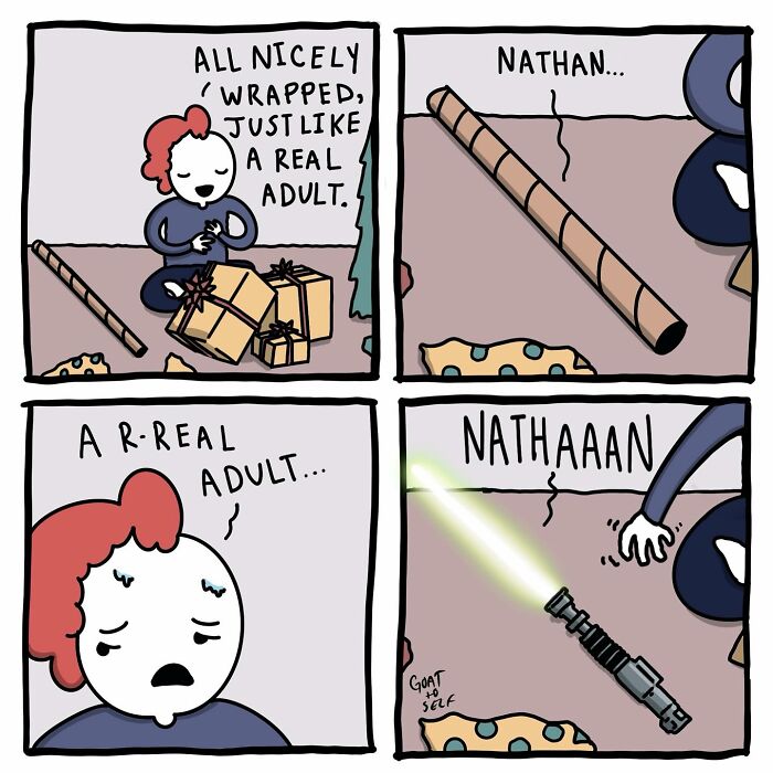 Absurd comic by Canadian artist Cameron Spires showing a humorous gift-wrapping fail with an unexpected lightsaber surprise.