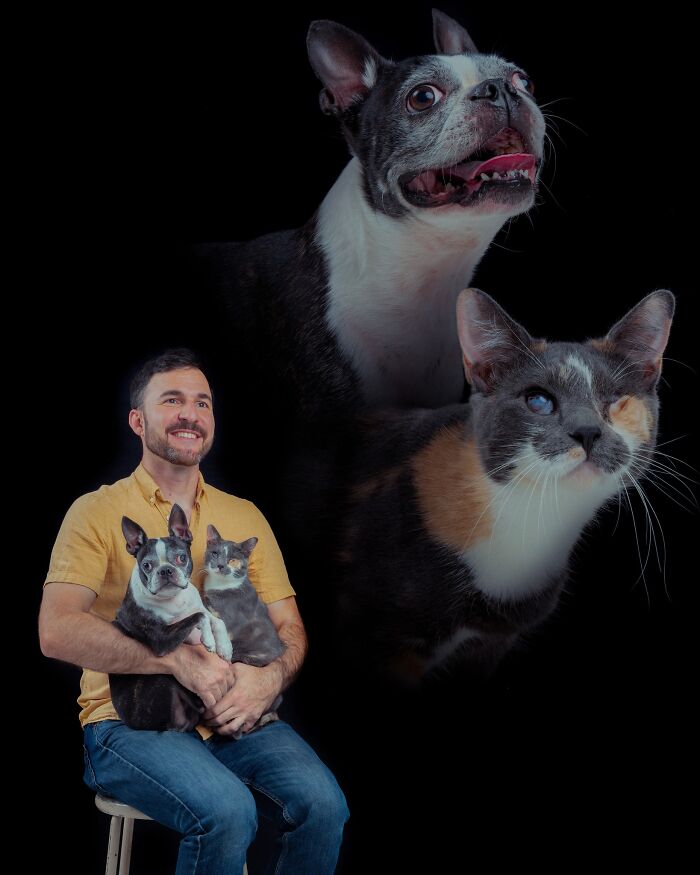 Man holding a dog and cat, quirky pet portraits with black background showcasing silly expressions and close-up details.