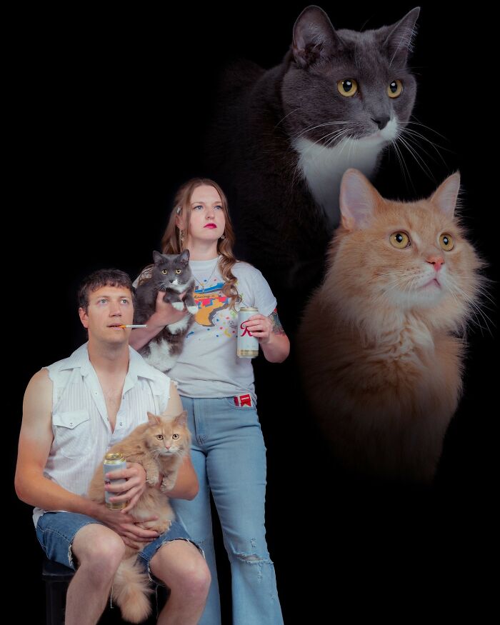 Couple posing with their cats in quirky portraits, showcasing silly and quirky pet and owner photography style.