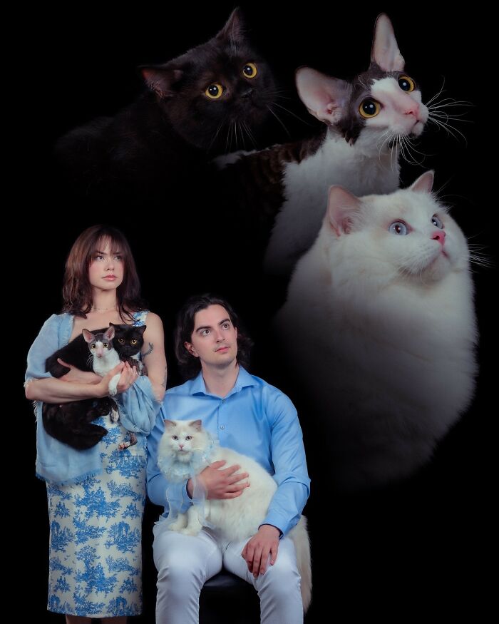 Couple posing with their quirky cats in a playful pet and owner portrait captured by a creative photographer.