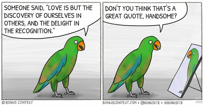 Illustration of a philosophical comic with a parrot reflecting on love and self-discovery in a mirror.
