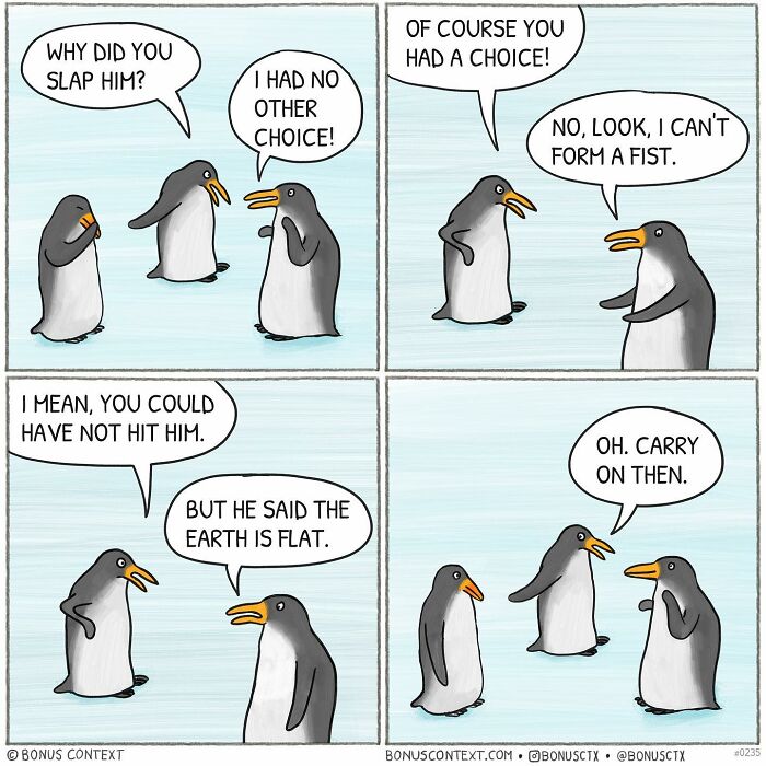 Philosophical comic featuring penguins debating choice, belief, and action in a humorous life reflection scene.
