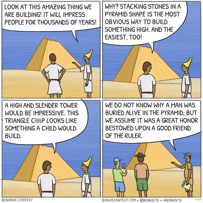 Philosophical comic depicting characters discussing building pyramids and their meaning in life and history.