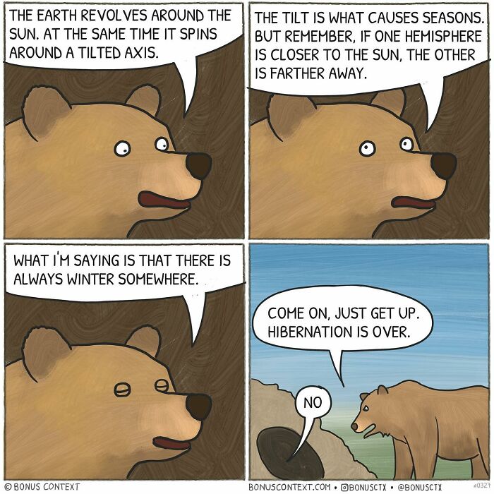 Philosophical comic with bears discussing Earth's tilt, seasons, and hibernation in a thoughtful life reflection style.