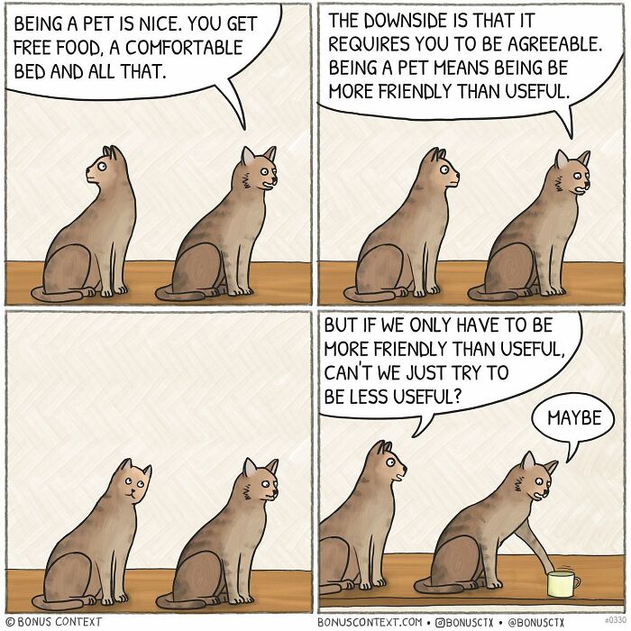 Philosophical comics featuring two cats discussing being friendly versus useful in life with thoughtful dialogue.