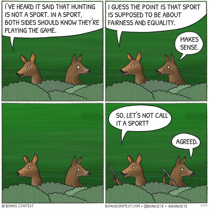 Deer discuss hunting and fairness in sport in a philosophical comic by artist creating thought-provoking comics.